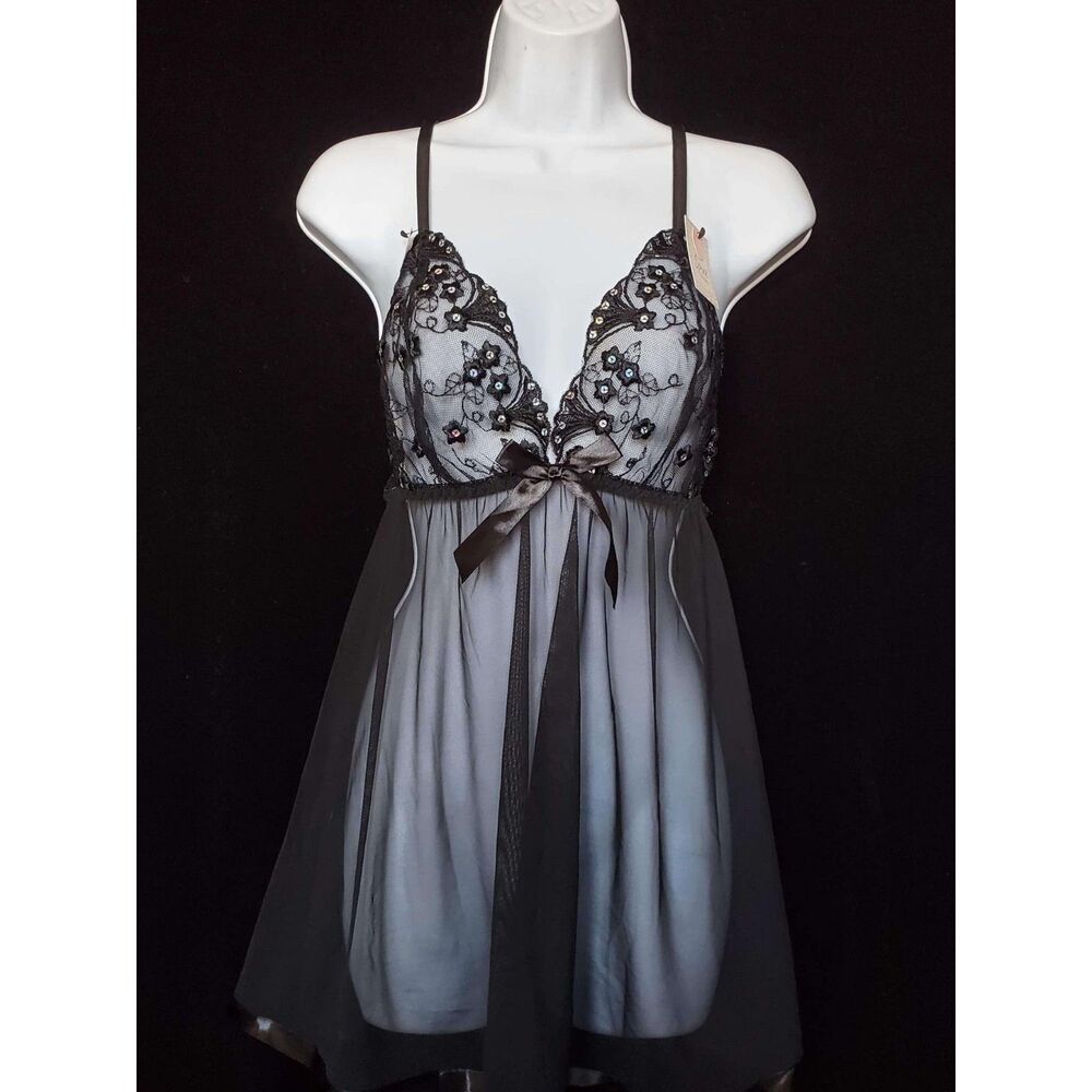 NWT Spree Intimates Black Sheer Floral Babydoll, XL - Style #2650BDX